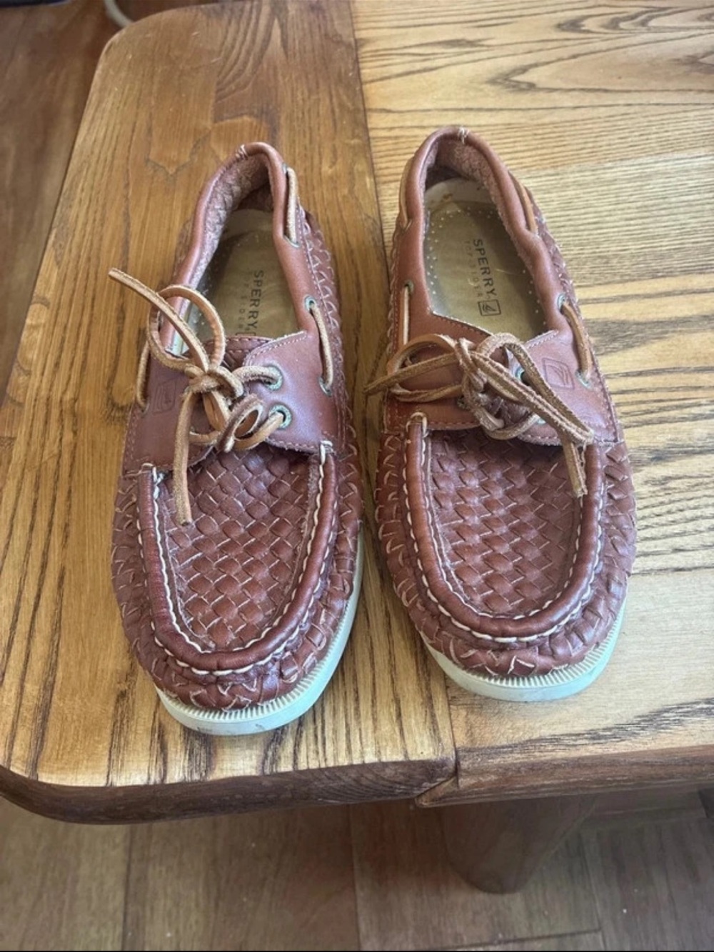 Sperry Woven Leather Moccasins in Cognac Brown